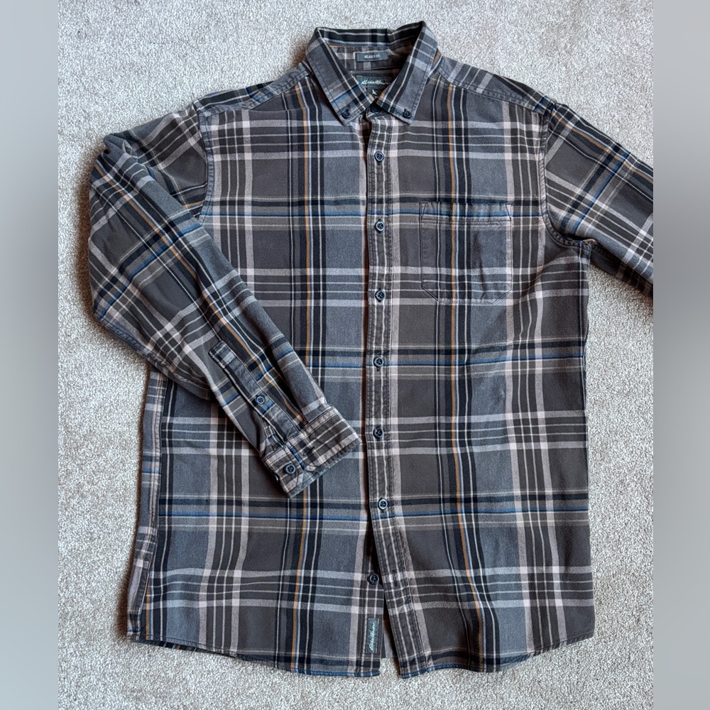 Eddie Bauer Gray and Blue Plaid Casual Button Down Shirt